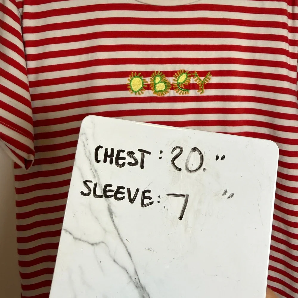 OBEY Worldwide Red White Stripe Embroidered Logo T Shirt‎ Mens Size M